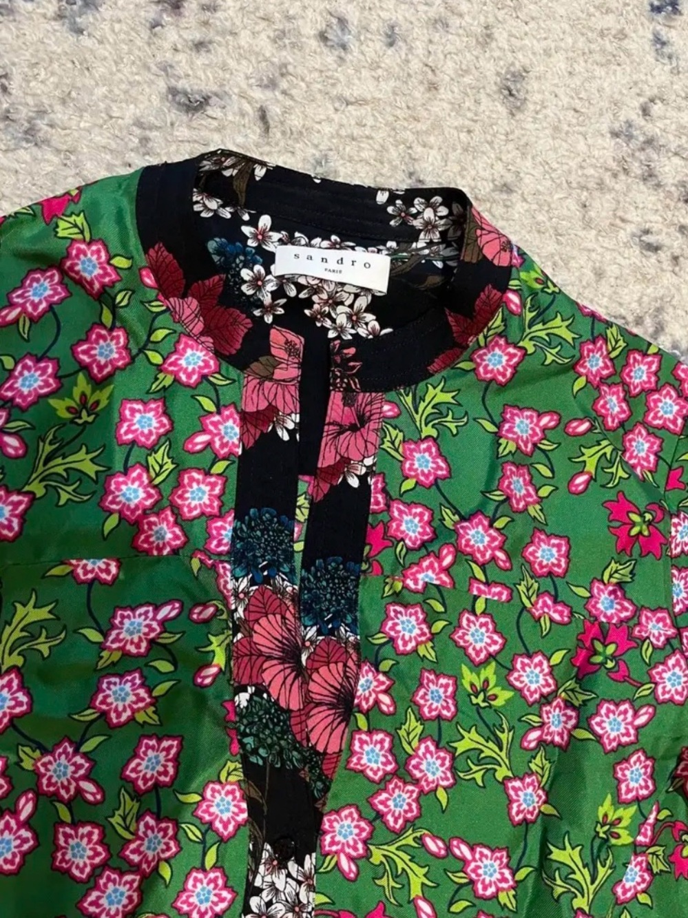 Sandro Green Floral Mini Dress with Black Trim - Picture 4 of 4